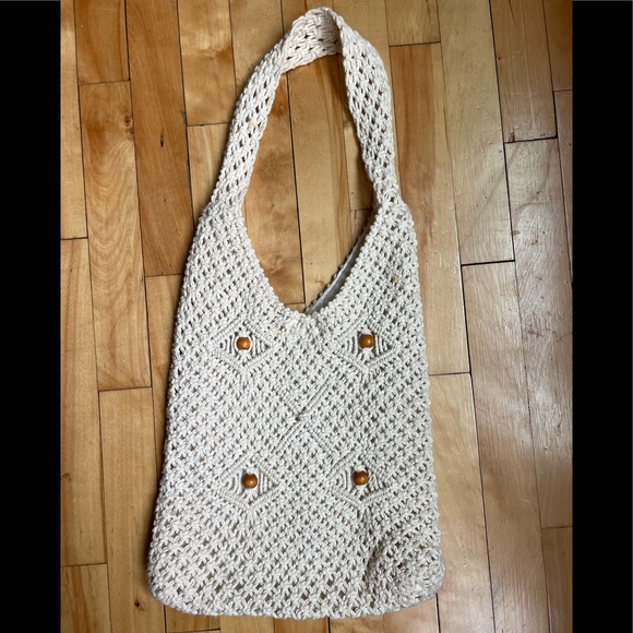 Handbags - Macramé tan purse with wood beads.